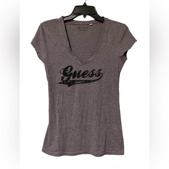 Guess Logo Felt Labeled Deep V-Neck Charcoal Grey Fitted T-Shirt - Picture 1 of 4